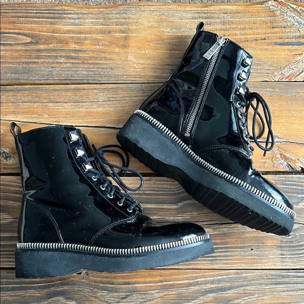 Michael Kors Patent Leather Black Combat Boots with Zipper Detail size 8.5